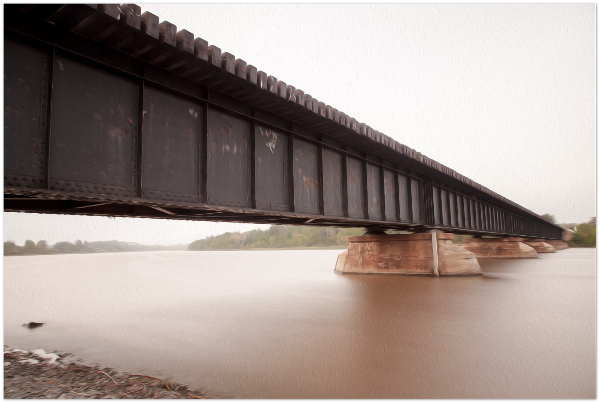 Oil painting of bridge with dusky colors available in various sizes and formats.
