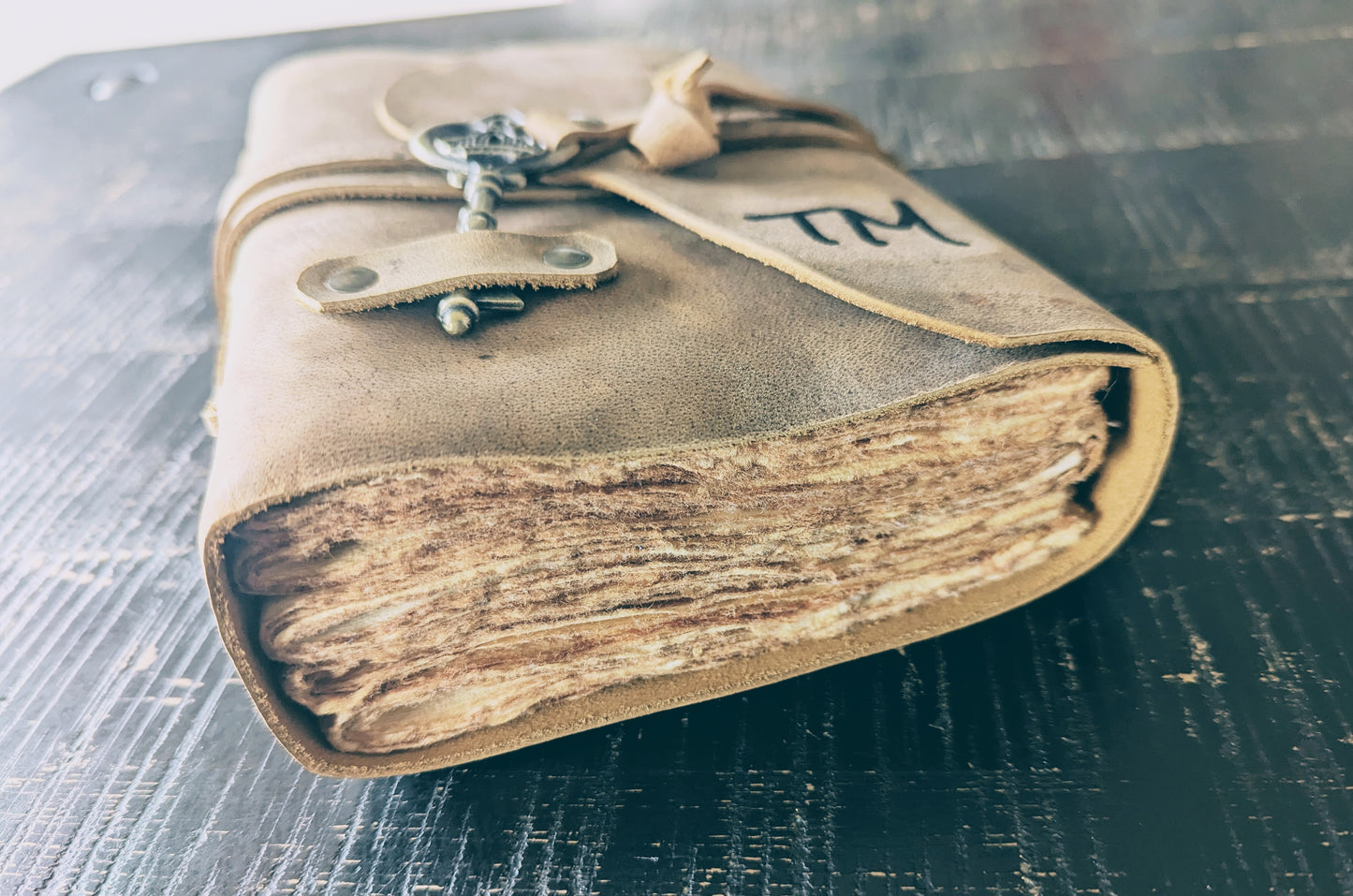 Customized Vintage Soft Leatherbound Brown Journal with Antique Key