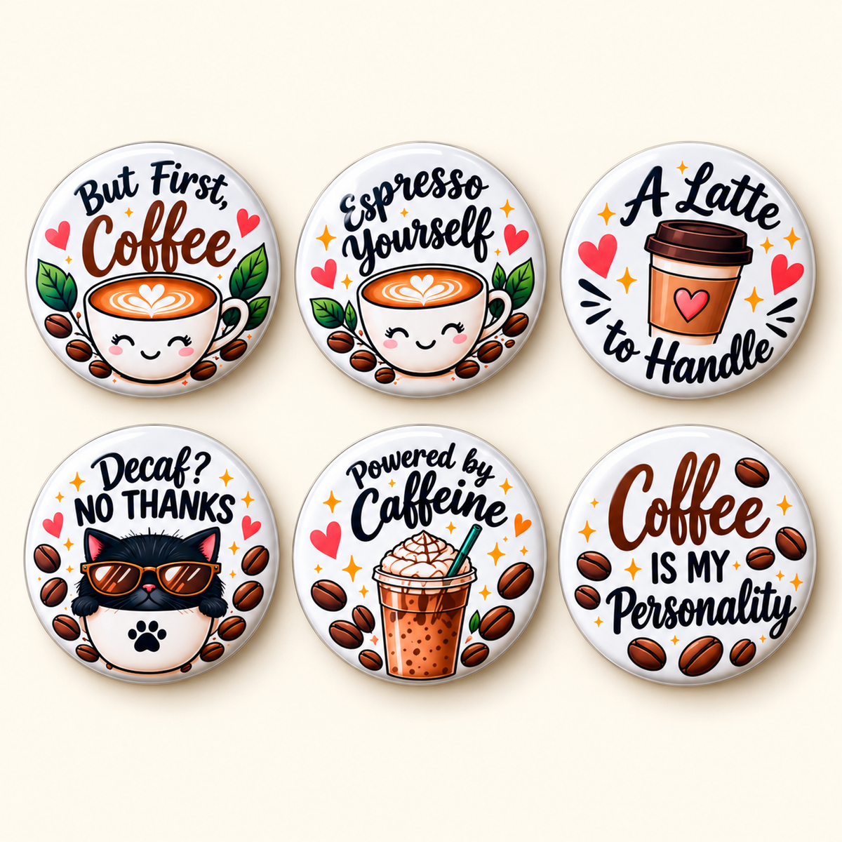 Coffee Lovers Buttons and Fridge Magnets